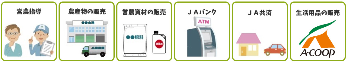 営農指導、農産物の販売、営農資材の販売、JAバンク、JA共済、生活用品の販売